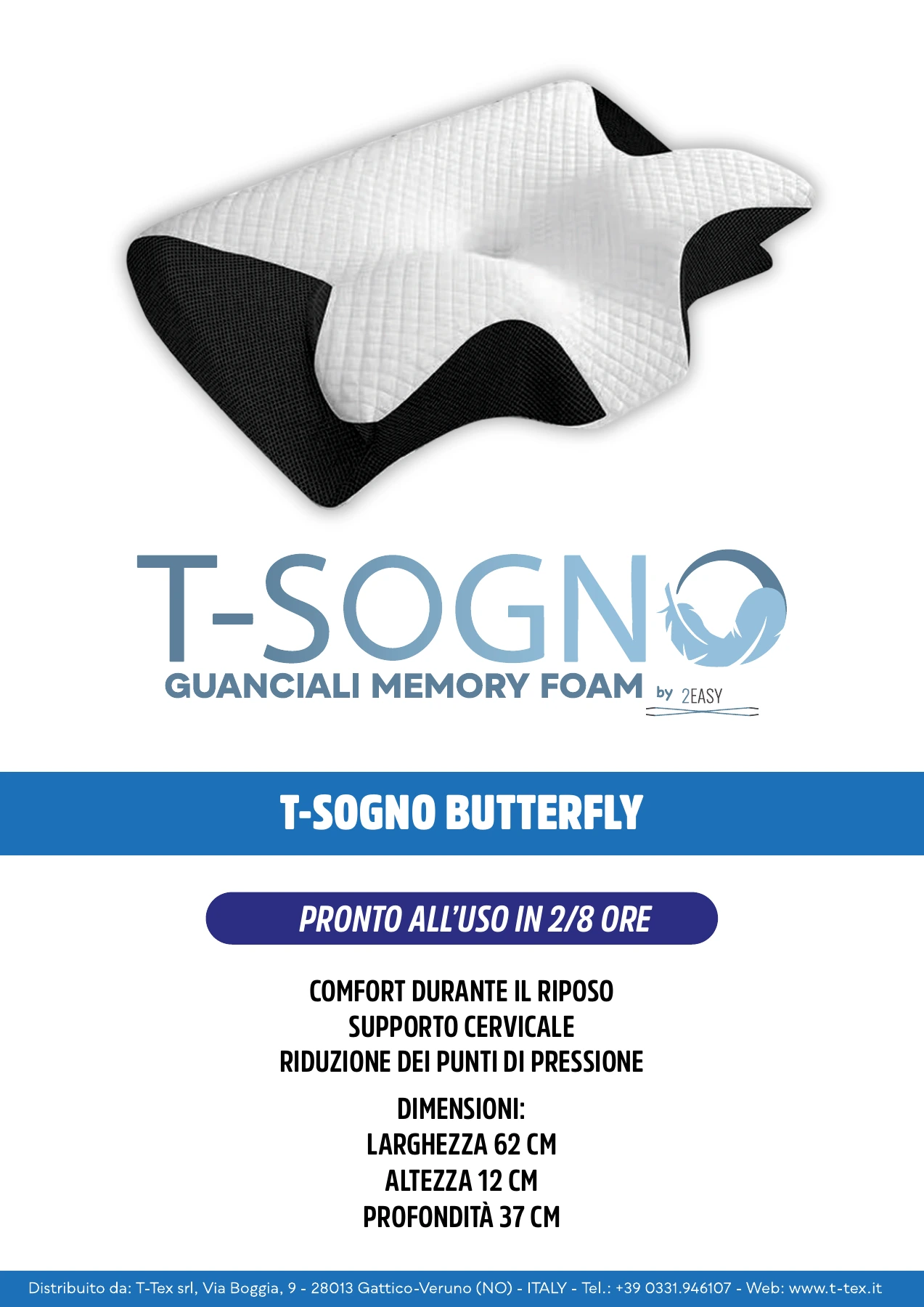 Scheda del guanciale T-Sogno Butterfly. Dimensioni: larghezza 62 cm, altezza 12 cm, profondità 37 cm.